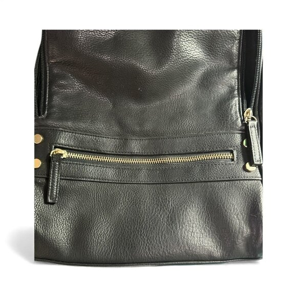 Black Faux Leather Backpack With Gold Hardware Zipper Pockets & Adjustable Strap - Picture 8 of 14